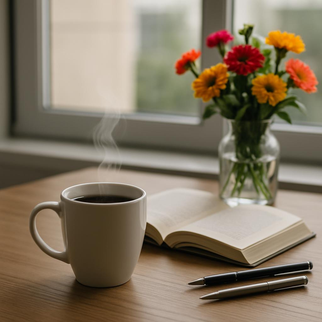 A table with coffee, pens, an open book, and a vase of flowers, in front of window.