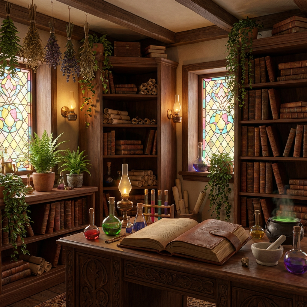 Alchemist's study with an open book, colorful potions, and bookshelves under stained glass windows.
